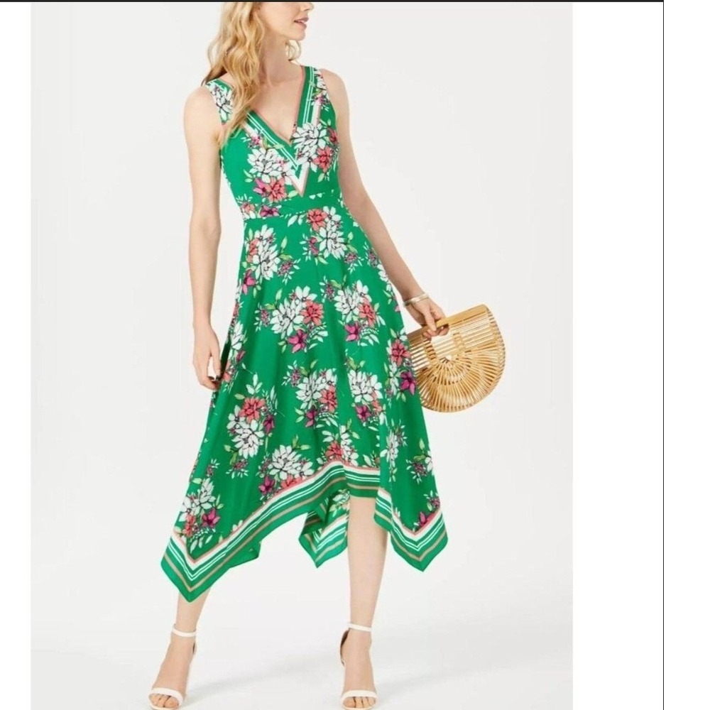 Vince Camuto Green Floral Handkerchief Hem Midi Dress Size 4 V-Neck Sleeveless